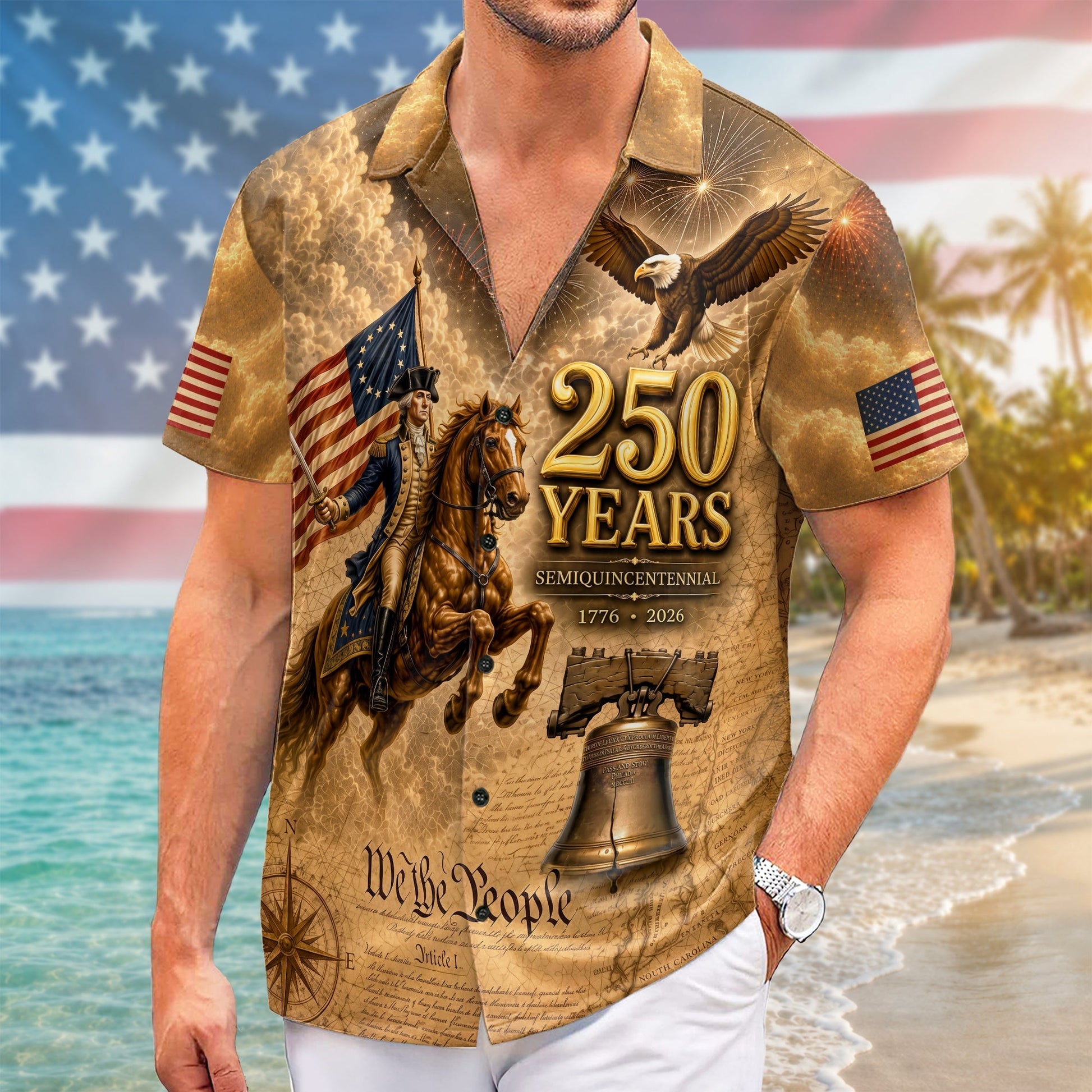 250 Years George Washington US Flag Liberty Bell Hawaiian Shirt - Patriotic Gift For Him HN02