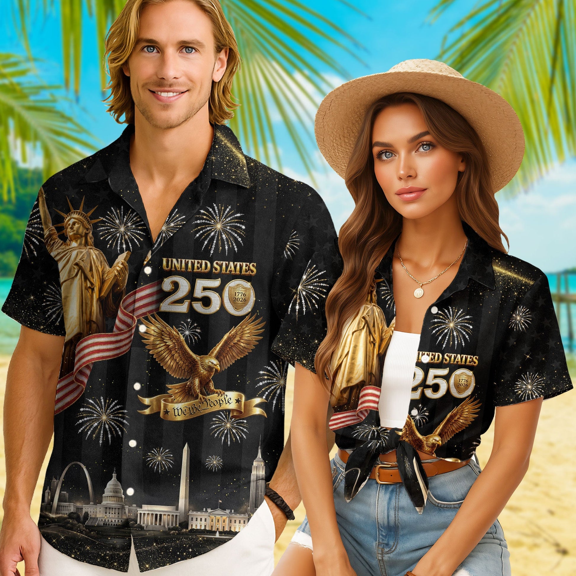 USA 250 Years Statue Of Liberty Fireworks 1776 2026 Hawaiian Shirt - Patriotic Gift For Him HN02