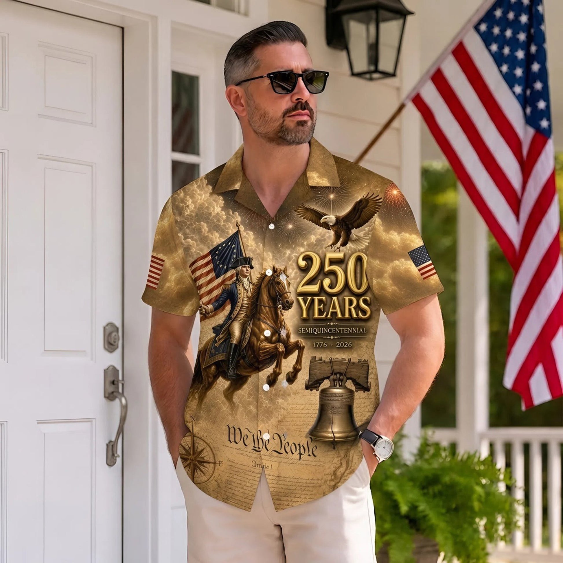 250 Years George Washington US Flag Liberty Bell Hawaiian Shirt - Patriotic Gift For Him HN02