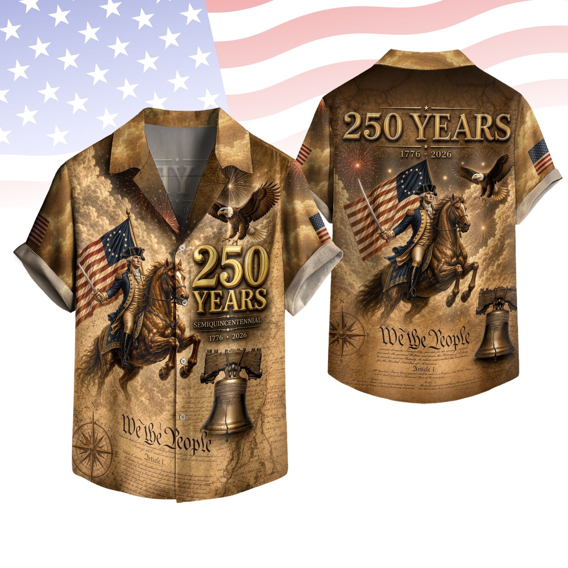 250 Years George Washington US Flag Liberty Bell Hawaiian Shirt - Patriotic Gift For Him HN02