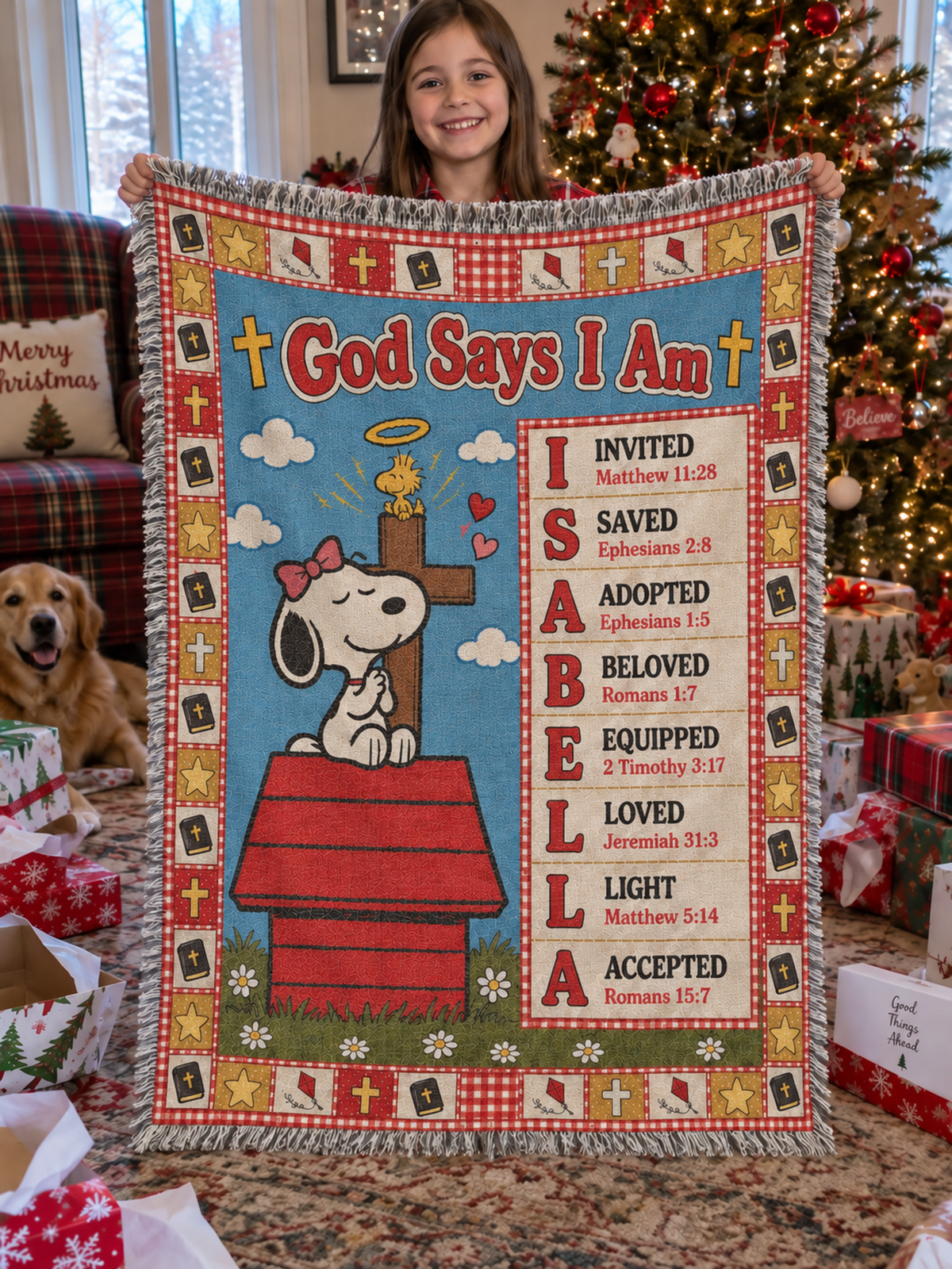 Personalized God Says I Am Blanket – Custom Name Bible Verse Woven Throw, Red & Blue Patchwork Quilt Christian Gift for Kids, Baptism & Christmas