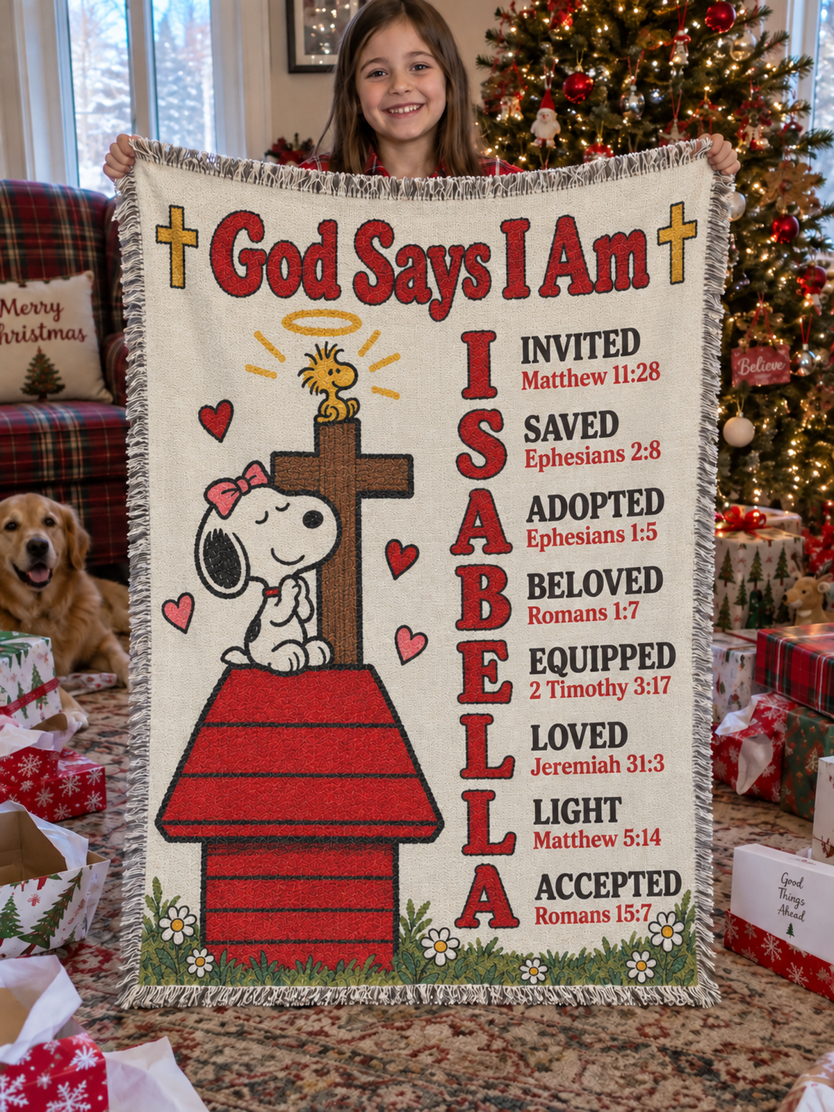 Personalized God Says I Am Blanket – Custom Name Bible Verse Woven Throw, Vintage Cartoon Christian Gift for Kids, Baptism & Christmas