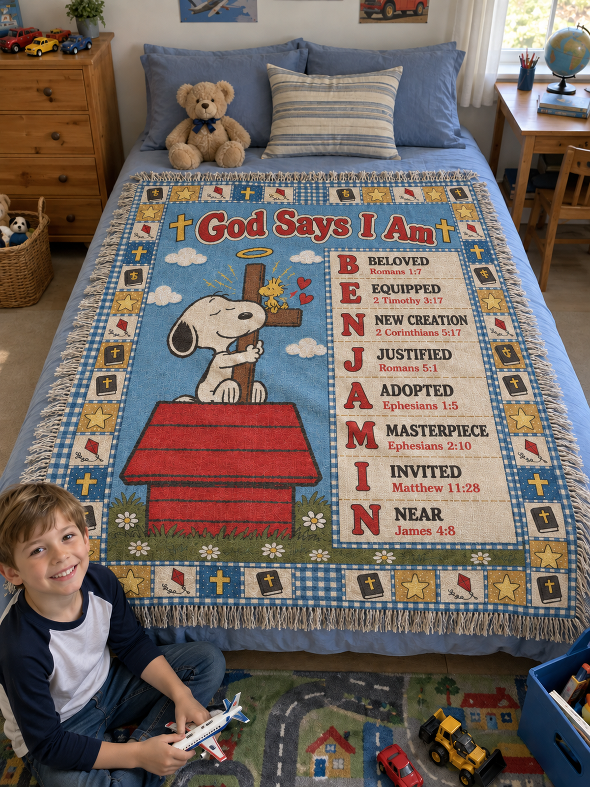 Personalized God Says I Am Blanket – Custom Name Bible Verse Woven Throw, Red & Blue Patchwork Quilt Christian Gift for Kids, Baptism & Christmas