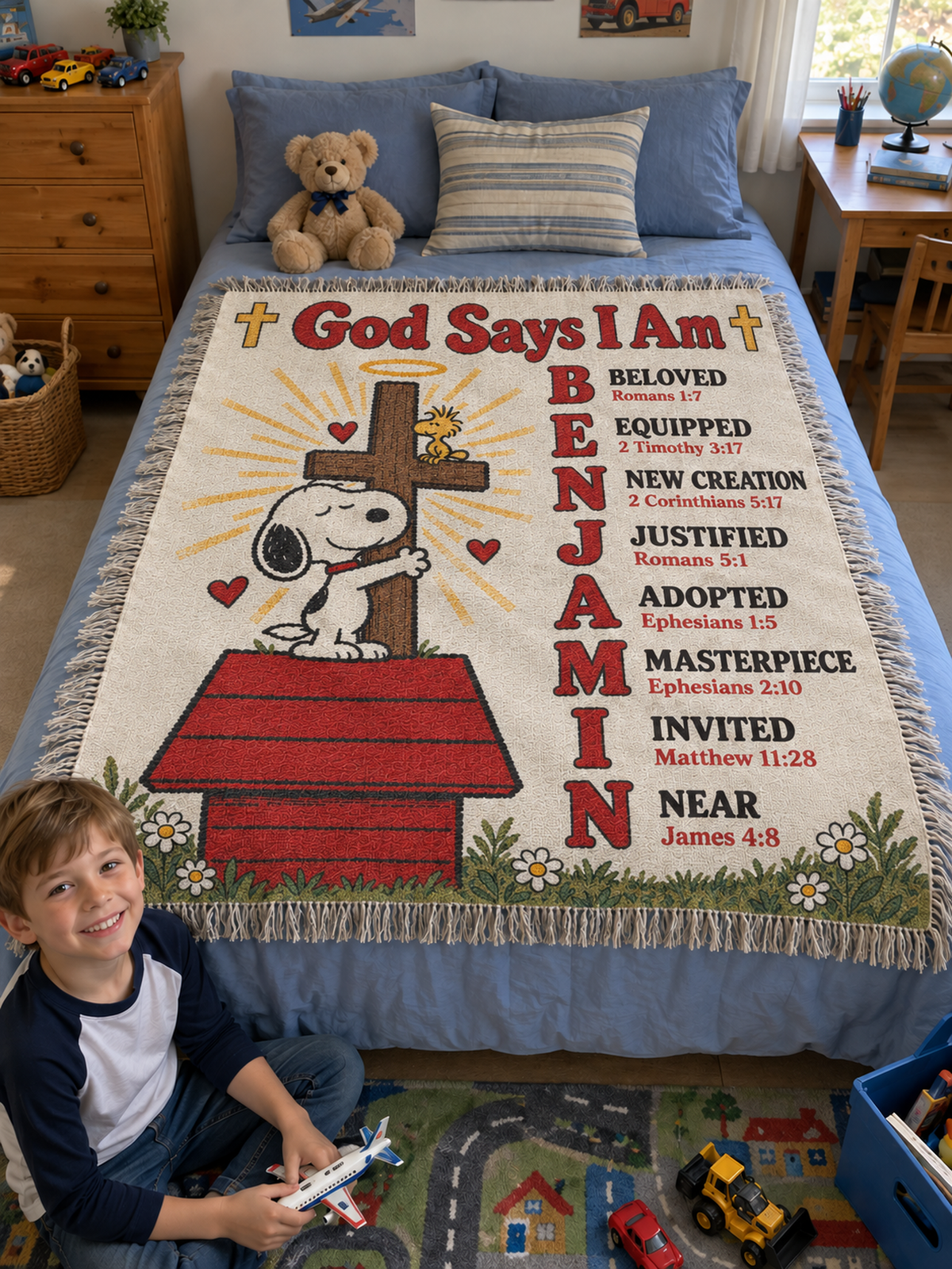 Personalized God Says I Am Blanket – Custom Name Bible Verse Woven Throw, Vintage Cartoon Christian Gift for Kids, Baptism & Christmas