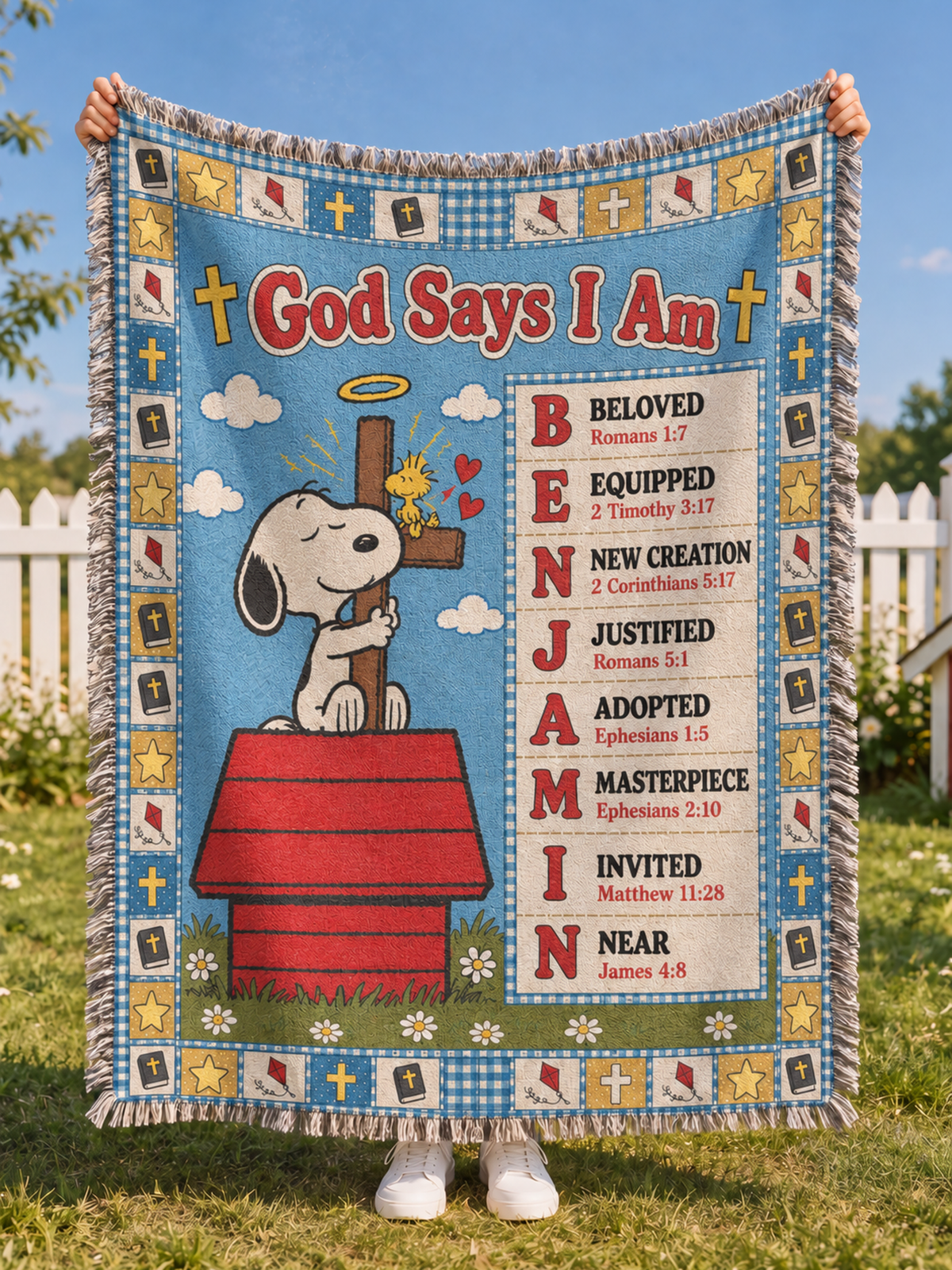 Personalized God Says I Am Blanket – Custom Name Bible Verse Woven Throw, Red & Blue Patchwork Quilt Christian Gift for Kids, Baptism & Christmas