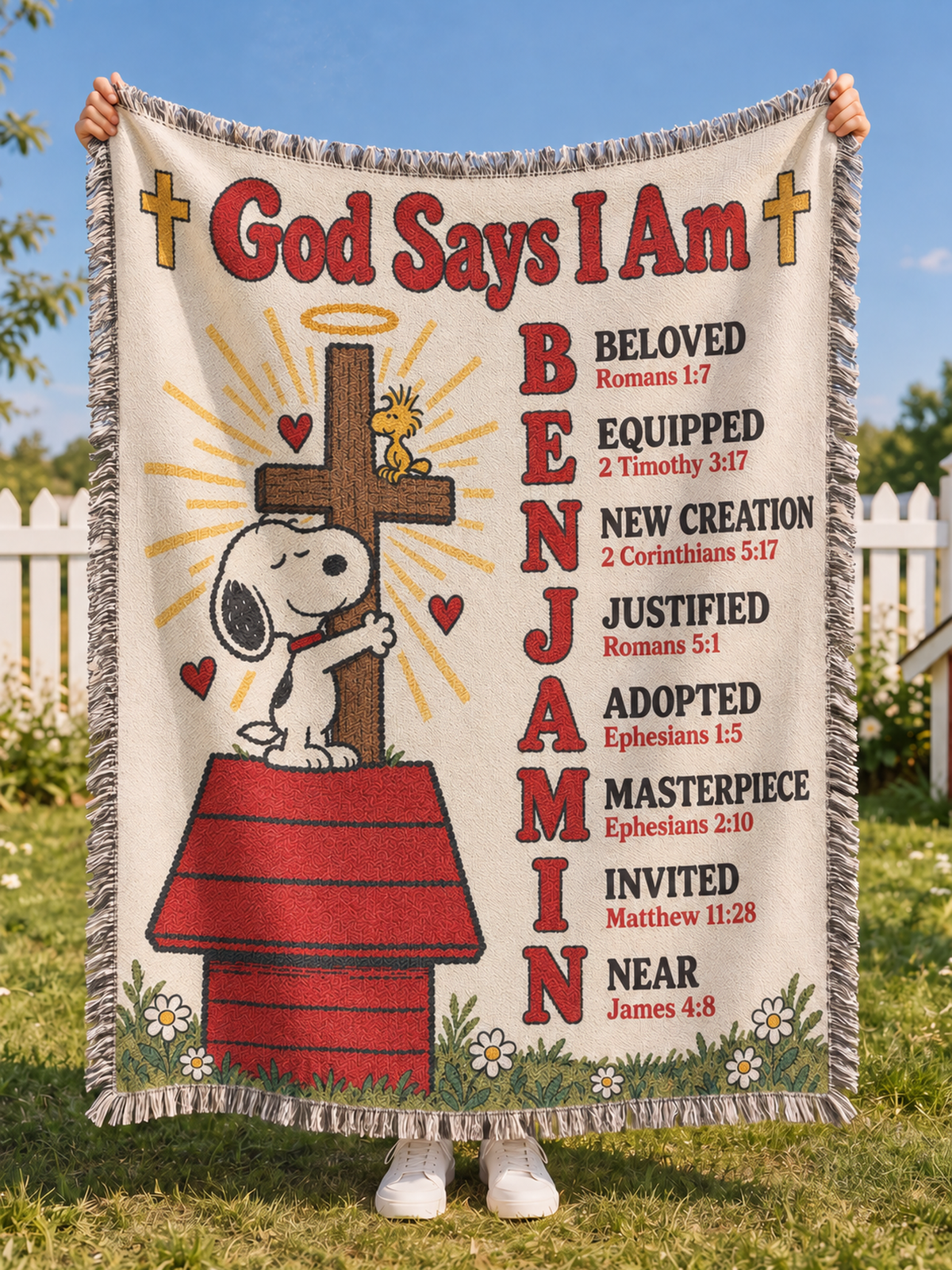 Personalized God Says I Am Blanket – Custom Name Bible Verse Woven Throw, Vintage Cartoon Christian Gift for Kids, Baptism & Christmas