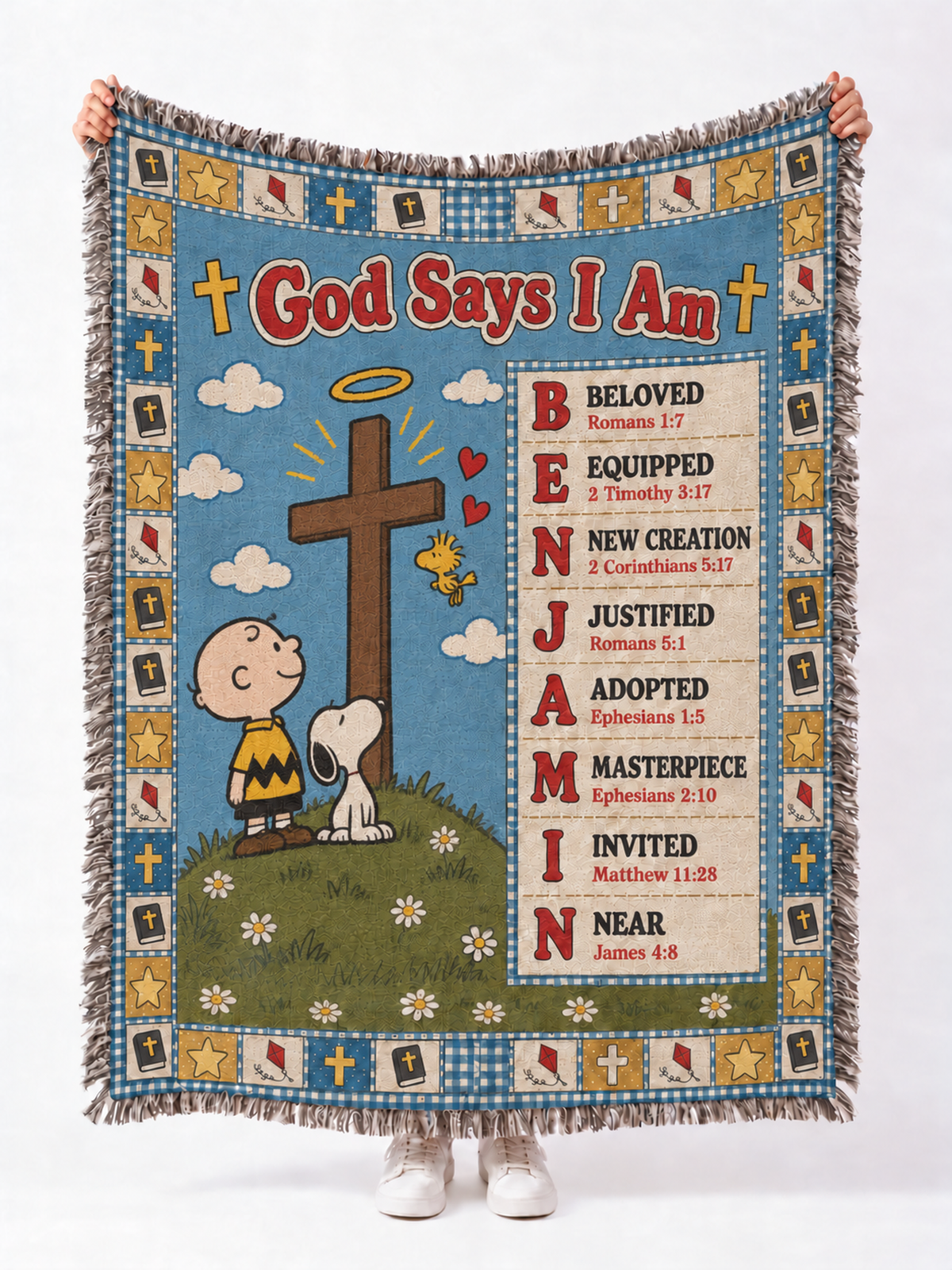 Personalized God Says I Am Blanket – Custom Name Bible Verse Woven Throw, Red & Blue Patchwork Quilt Christian Gift for Kids, Baptism & Christmas