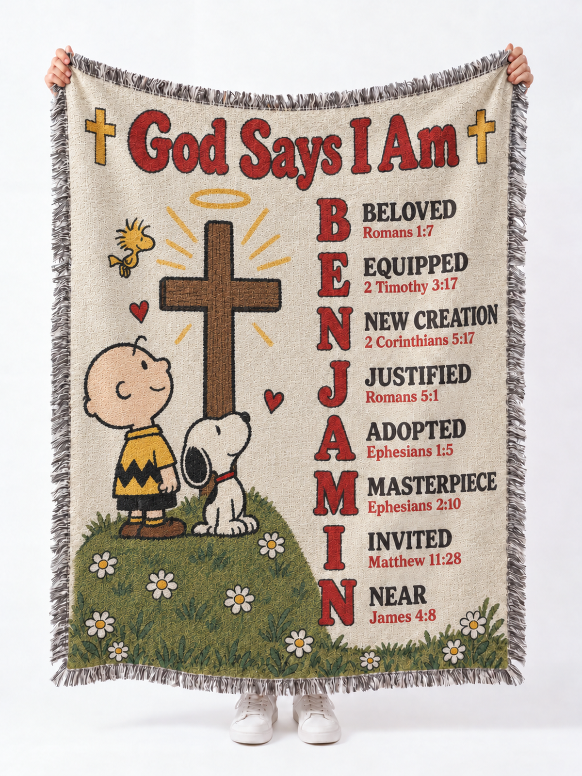 Personalized God Says I Am Blanket – Custom Name Bible Verse Woven Throw, Vintage Cartoon Christian Gift for Kids, Baptism & Christmas