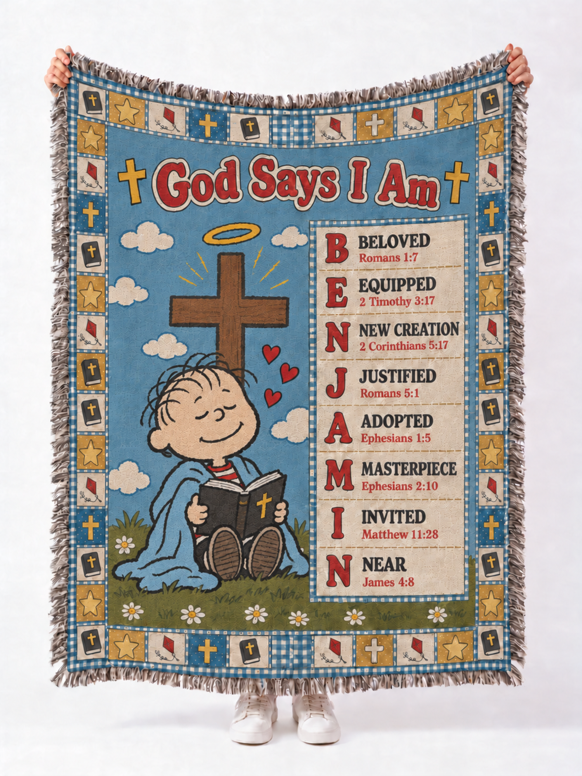 Personalized God Says I Am Blanket – Custom Name Bible Verse Woven Throw, Red & Blue Patchwork Quilt Christian Gift for Kids, Baptism & Christmas