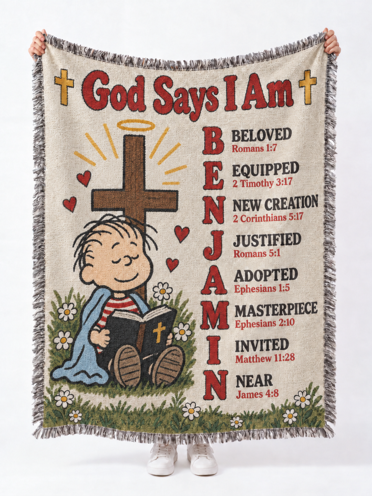 Personalized God Says I Am Blanket – Custom Name Bible Verse Woven Throw, Vintage Cartoon Christian Gift for Kids, Baptism & Christmas