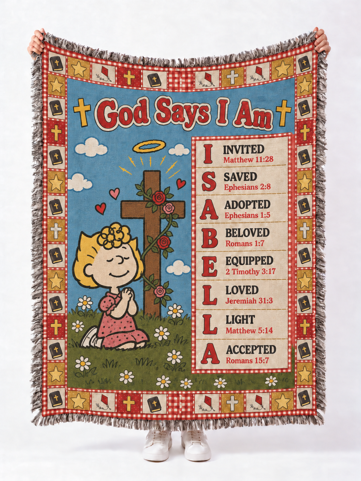 Personalized God Says I Am Blanket – Custom Name Bible Verse Woven Throw, Red & Blue Patchwork Quilt Christian Gift for Kids, Baptism & Christmas