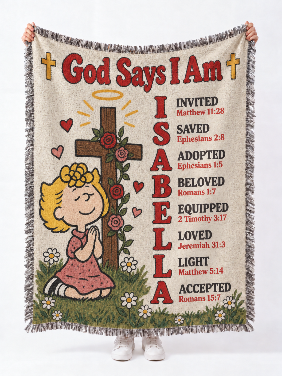 Personalized God Says I Am Blanket – Custom Name Bible Verse Woven Throw, Vintage Cartoon Christian Gift for Kids, Baptism & Christmas