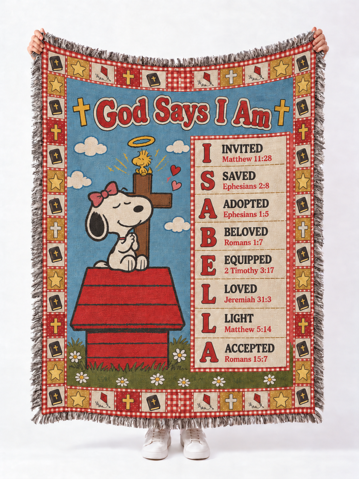 Personalized God Says I Am Blanket – Custom Name Bible Verse Woven Throw, Red & Blue Patchwork Quilt Christian Gift for Kids, Baptism & Christmas