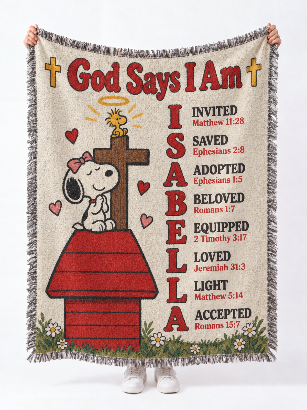 Personalized God Says I Am Blanket – Custom Name Bible Verse Woven Throw, Vintage Cartoon Christian Gift for Kids, Baptism & Christmas