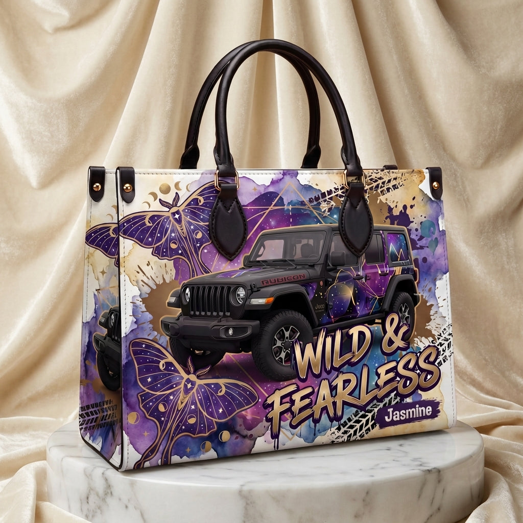 Wild & Fearless Purple Butterfly Jeep Personalized Leather Bag + FREE Wallet TN2407261401