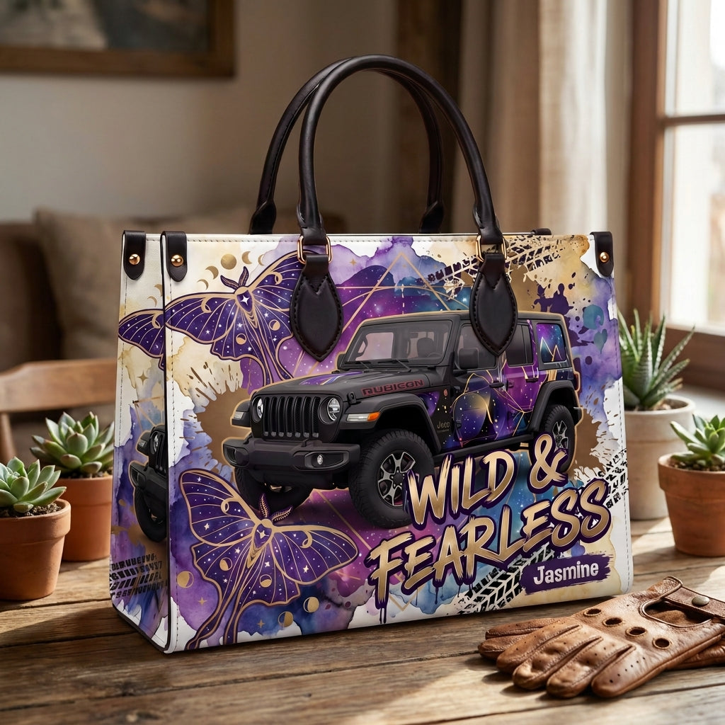 Wild & Fearless Purple Butterfly Jeep Personalized Leather Bag + FREE Wallet TN2407261401
