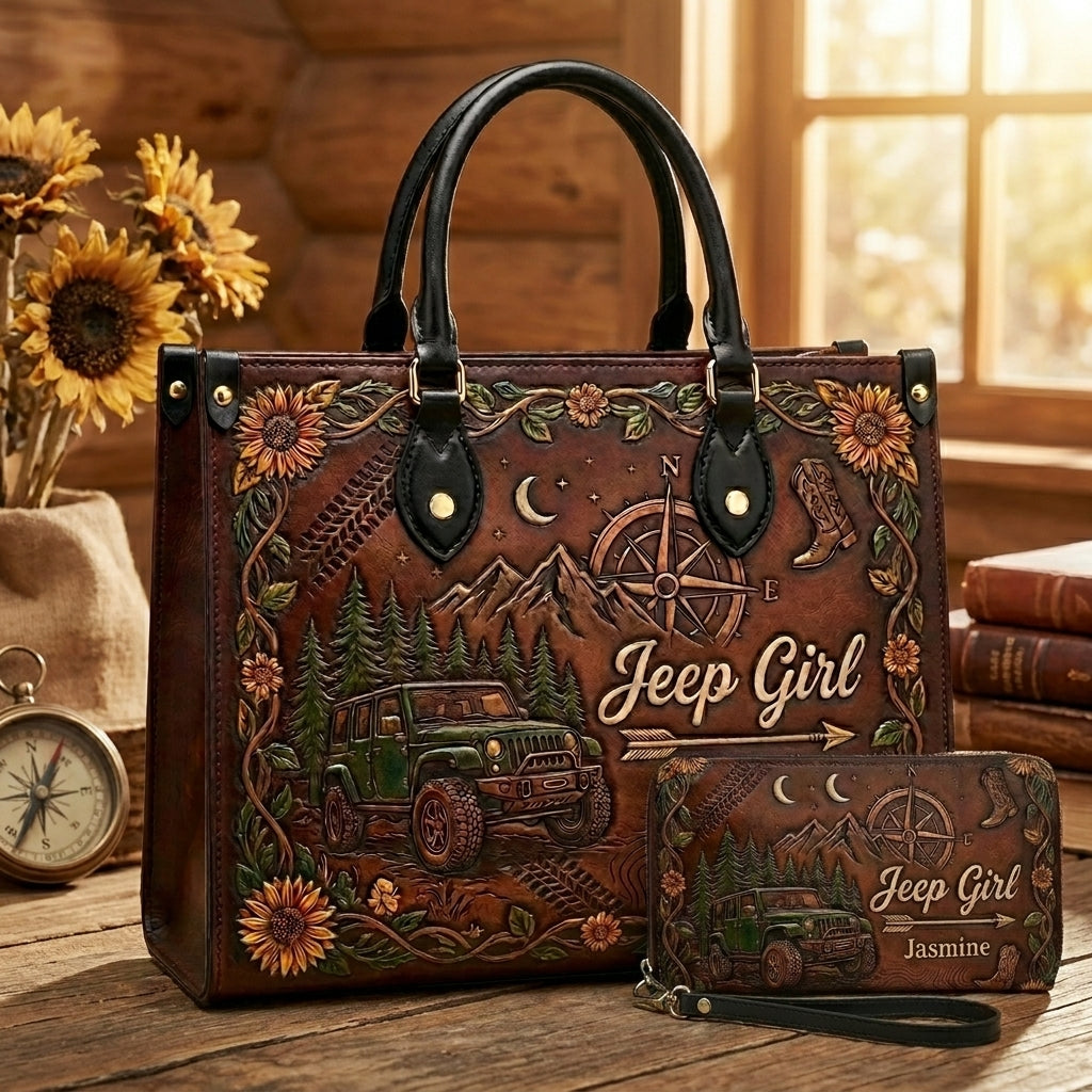 Jeep Girl Sunflower Personalized Leather Bag + Free Wallet TN2407261541