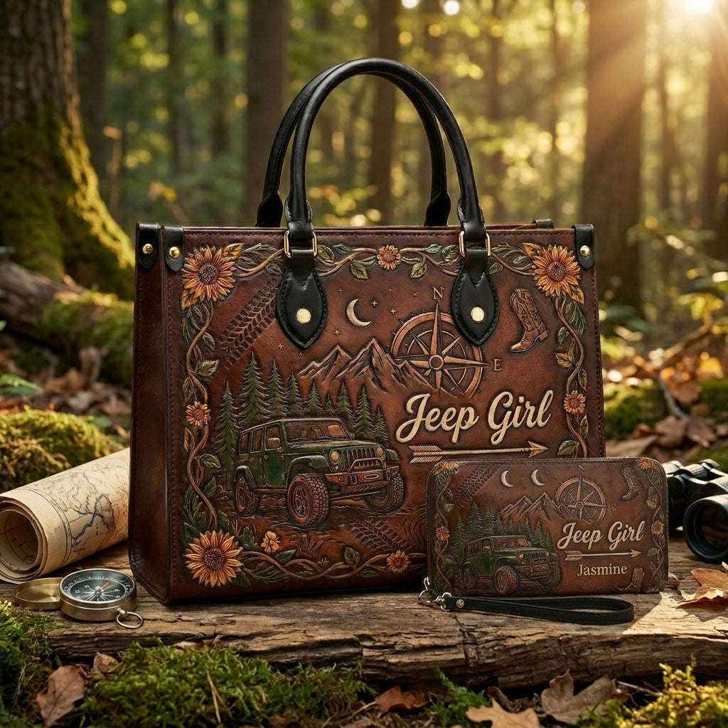 Jeep Girl Sunflower Personalized Leather Bag + Free Wallet TN2407261541