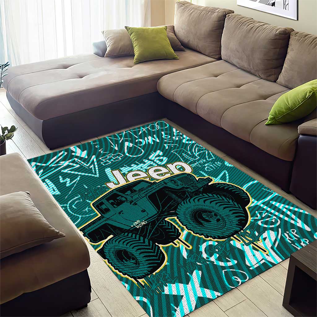 Off-Road Jeep Area Rug Graffiti Style Freedom Quote and Striped Background TS04