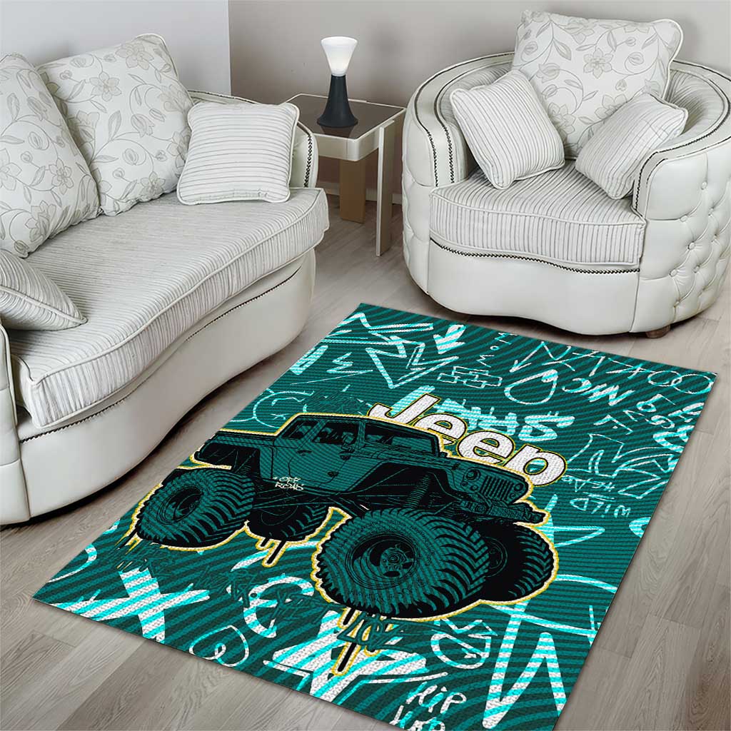 Off-Road Jeep Area Rug Graffiti Style Freedom Quote and Striped Background TS04