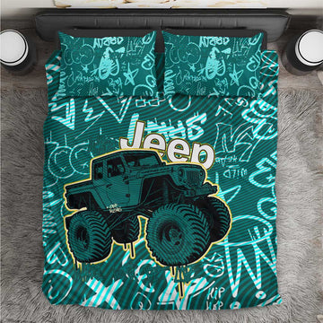 Off-Road Jeep Bedding Set Graffiti Style Freedom Quote and Striped Background