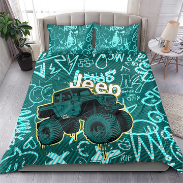 Off-Road Jeep Bedding Set Graffiti Style Freedom Quote and Striped Background