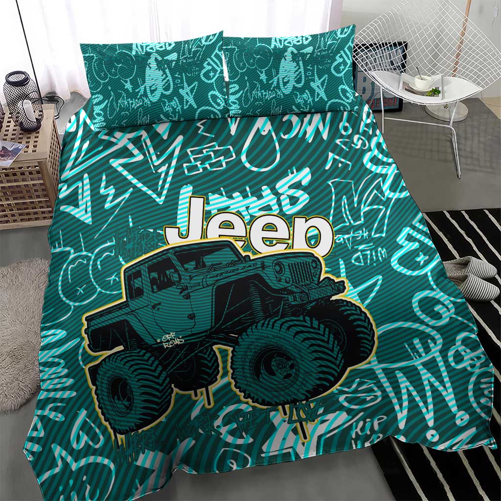 Off-Road Jeep Bedding Set Graffiti Style Freedom Quote and Striped Background