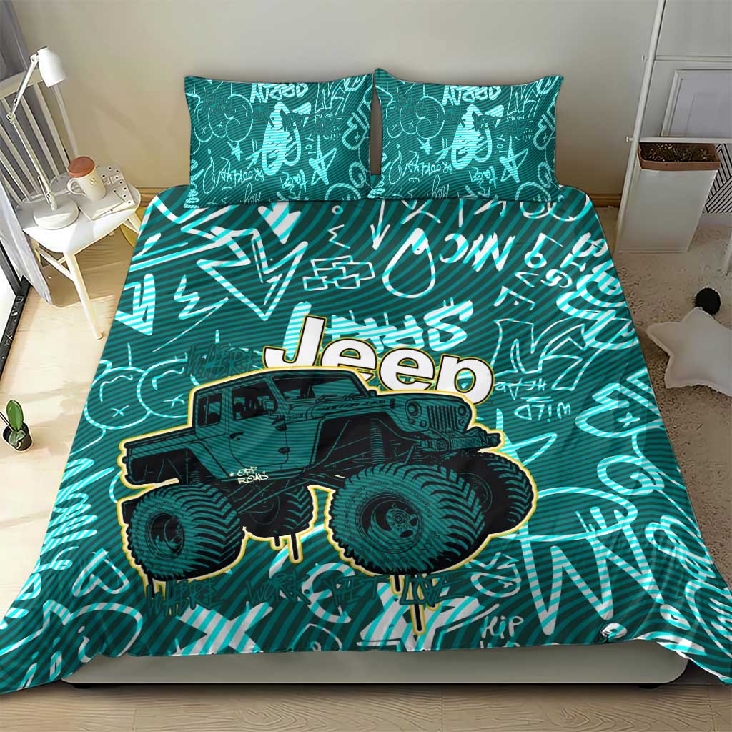 Off-Road Jeep Bedding Set Graffiti Style Freedom Quote and Striped Background