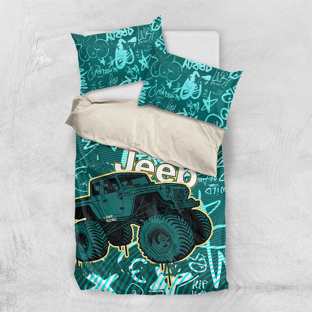 Off-Road Jeep Bedding Set Graffiti Style Freedom Quote and Striped Background