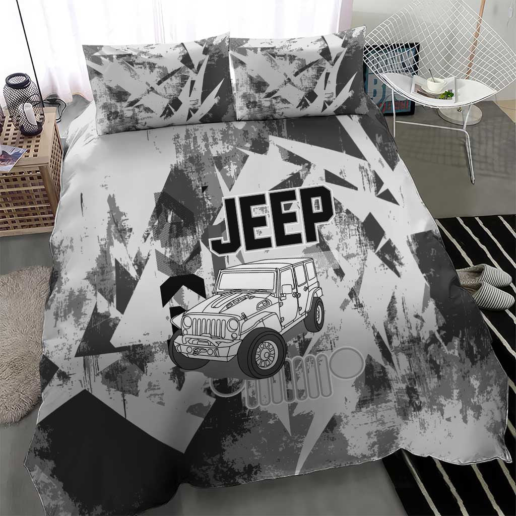 Off Road Jeep Bedding Set Grunge Style Monochrome and Tire Tracks