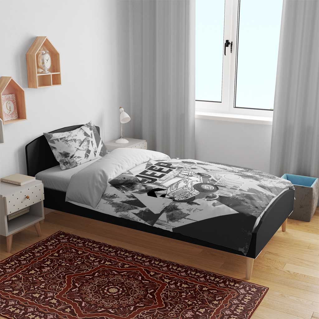 Off Road Jeep Bedding Set Grunge Style Monochrome and Tire Tracks