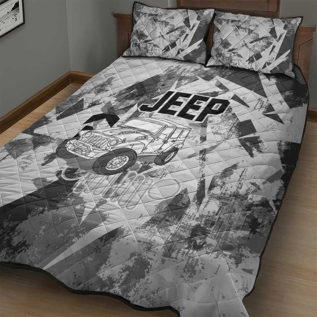Off Road Jeep Quilt Bed Set Grunge Style Monochrome and Tire Tracks