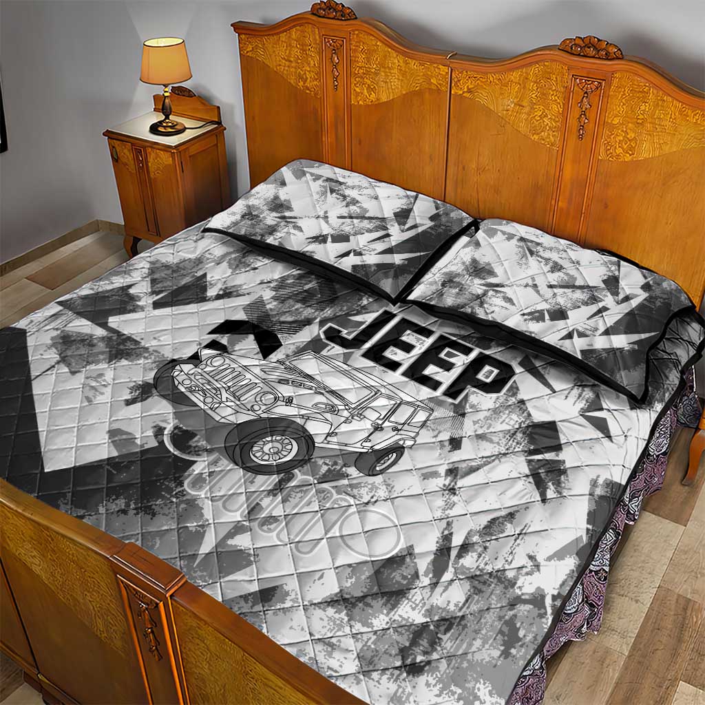 Off Road Jeep Quilt Bed Set Grunge Style Monochrome and Tire Tracks