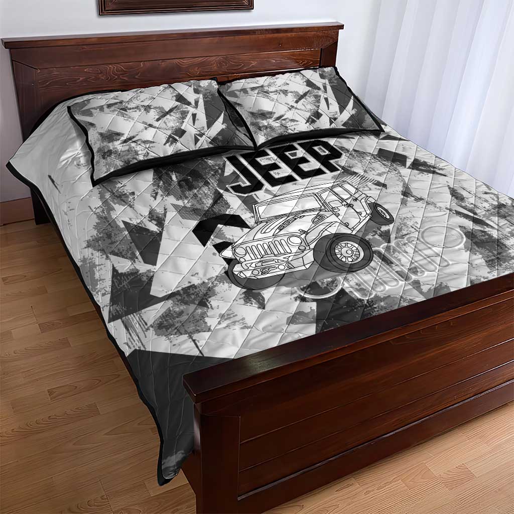 Off Road Jeep Quilt Bed Set Grunge Style Monochrome and Tire Tracks