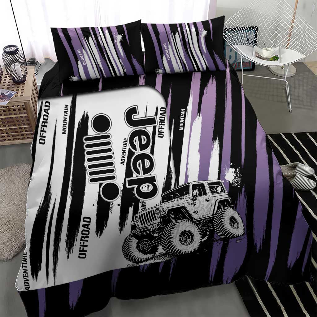 Jeep Off Road Bedding Set With Purple Brushstroke Grunge Style For Outdoor Lovers