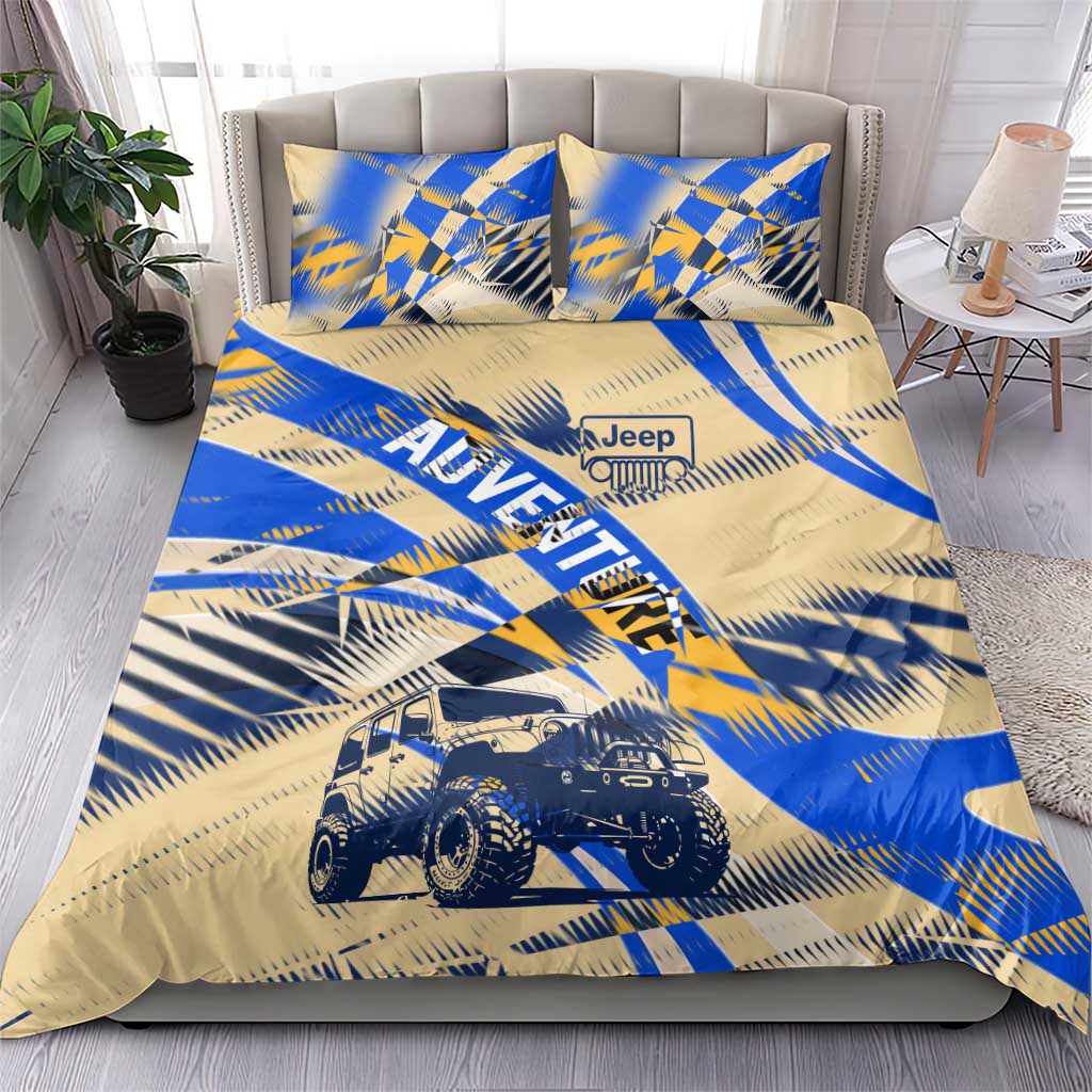Jeep Off-Road Adventure Bedding Set Grunge Plaid Graphic Style