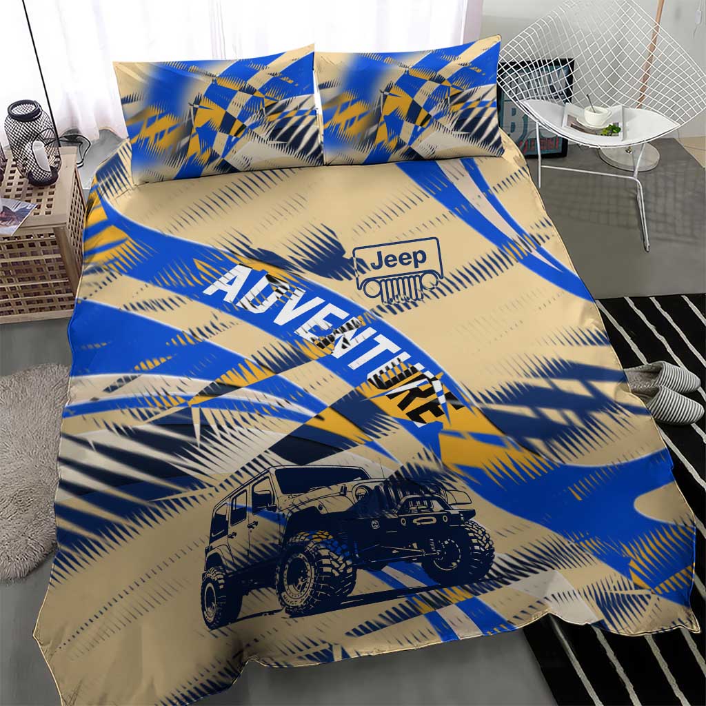 Jeep Off-Road Adventure Bedding Set Grunge Plaid Graphic Style