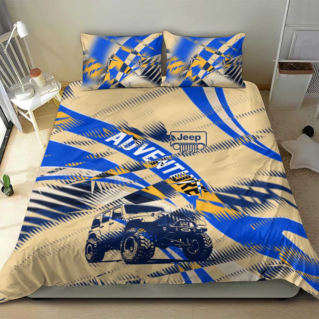Jeep Off-Road Adventure Bedding Set Grunge Plaid Graphic Style