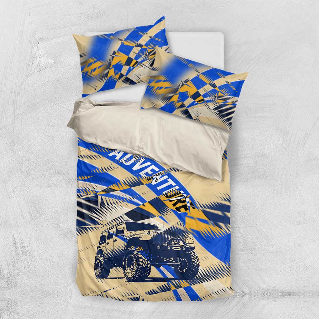 Jeep Off-Road Adventure Bedding Set Grunge Plaid Graphic Style