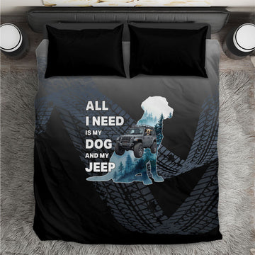 All I Need Is My Dog And My Jeep Bedding Set Rugged Off-Road Illustration with Tire Track Texture