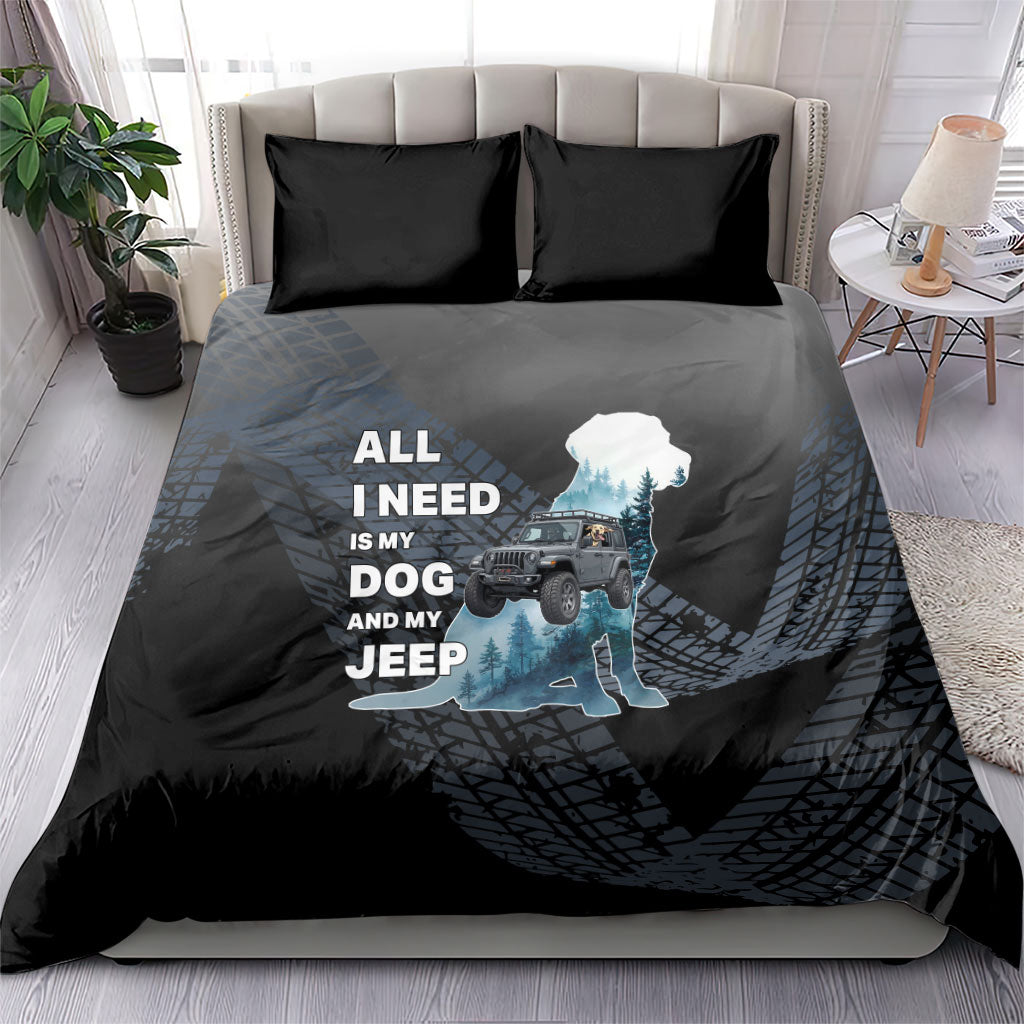All I Need Is My Dog And My Jeep Bedding Set Rugged Off-Road Illustration with Tire Track Texture