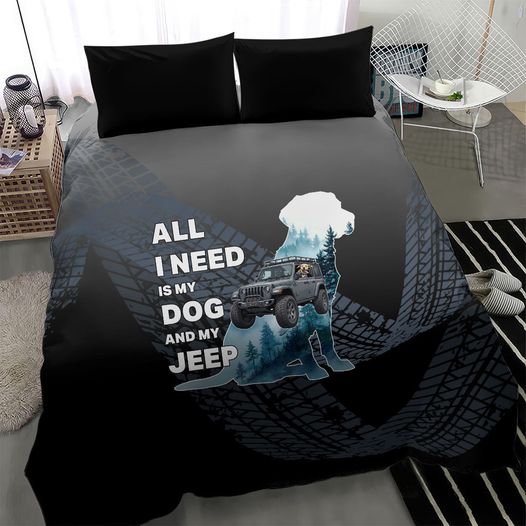 All I Need Is My Dog And My Jeep Bedding Set Rugged Off-Road Illustration with Tire Track Texture