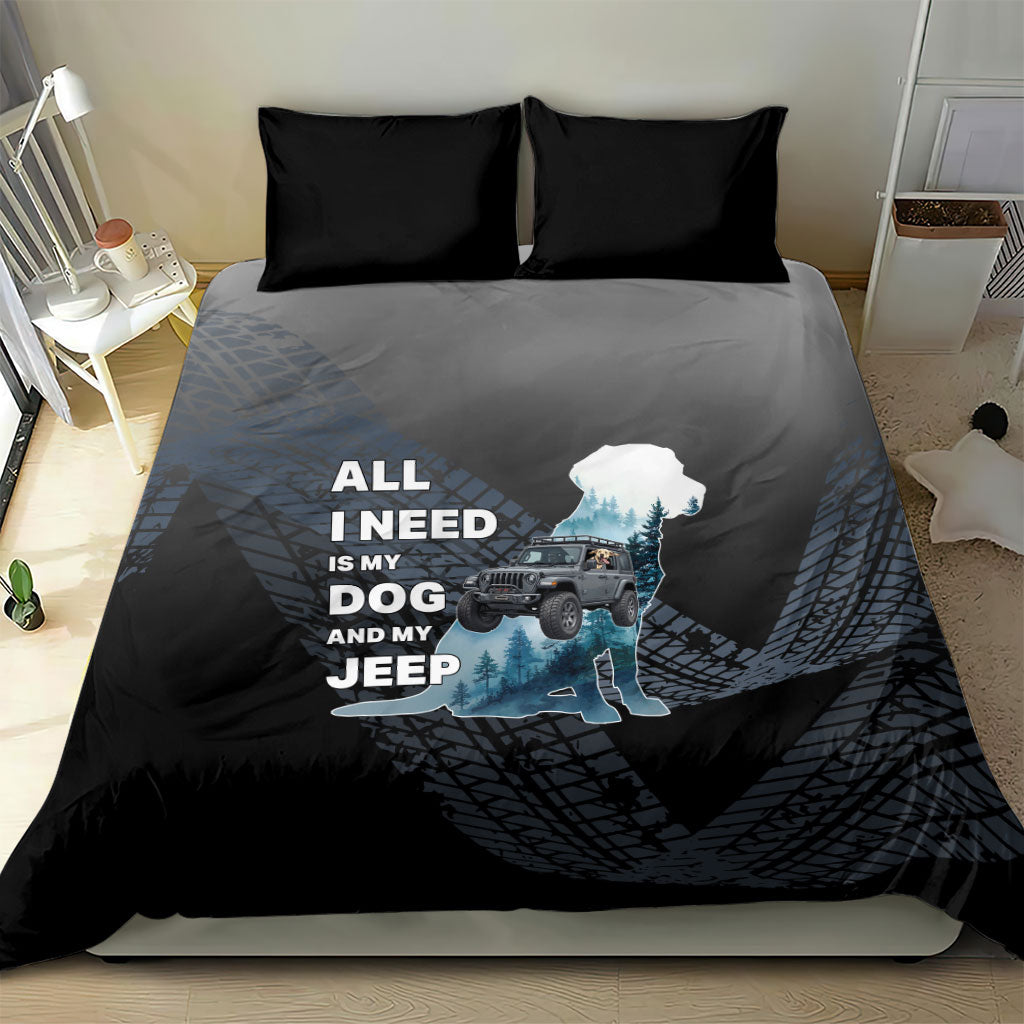 All I Need Is My Dog And My Jeep Bedding Set Rugged Off-Road Illustration with Tire Track Texture