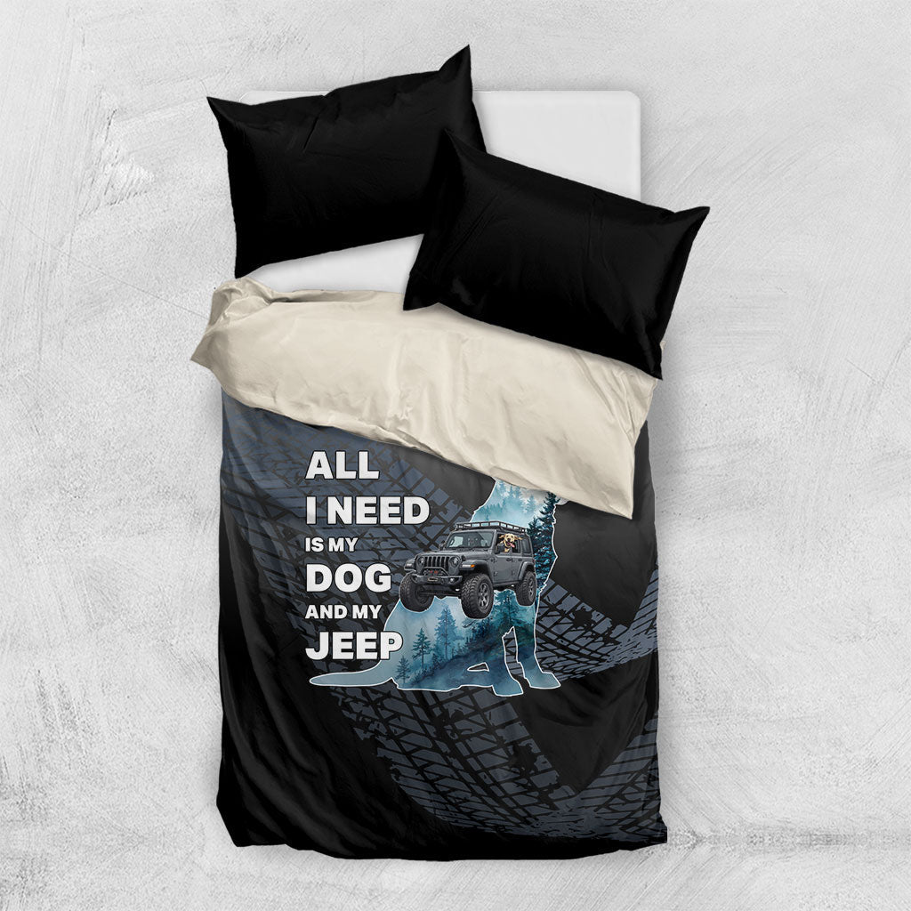 All I Need Is My Dog And My Jeep Bedding Set Rugged Off-Road Illustration with Tire Track Texture