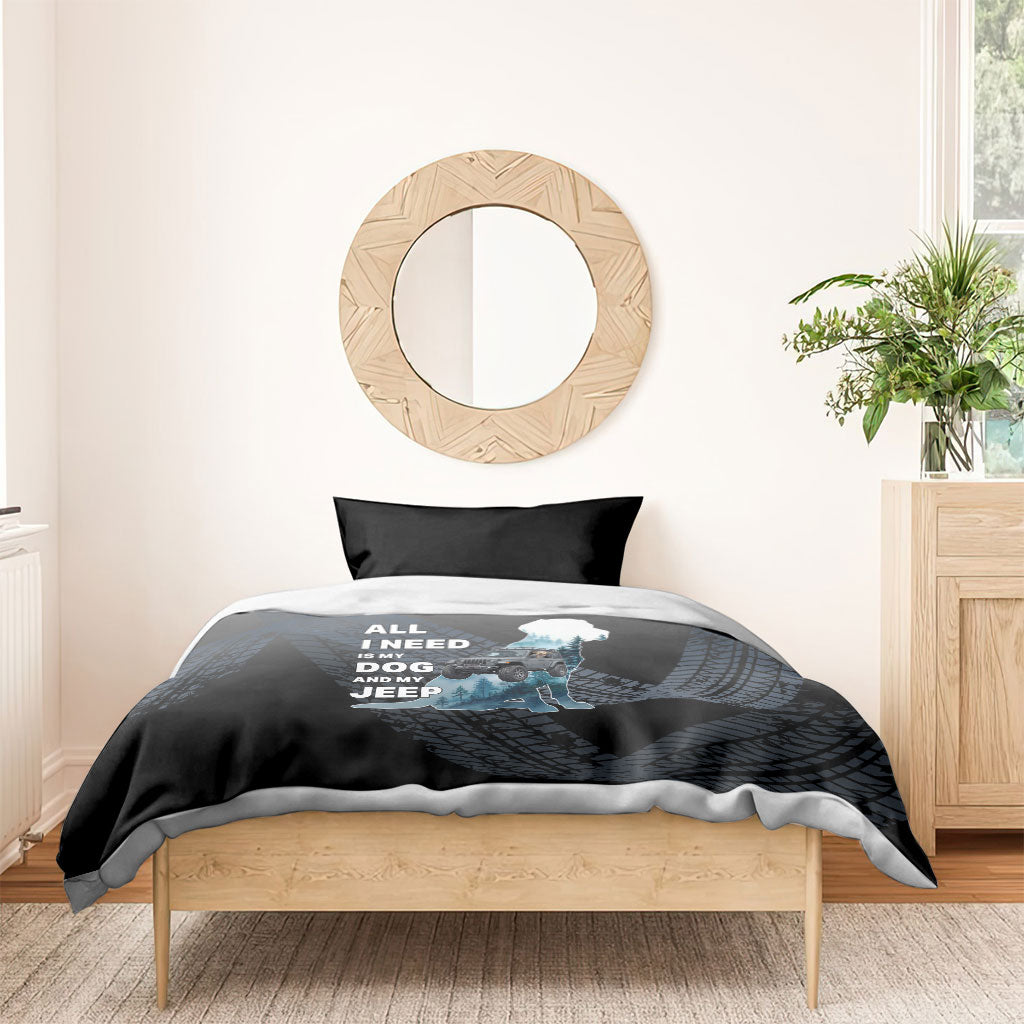 All I Need Is My Dog And My Jeep Bedding Set Rugged Off-Road Illustration with Tire Track Texture