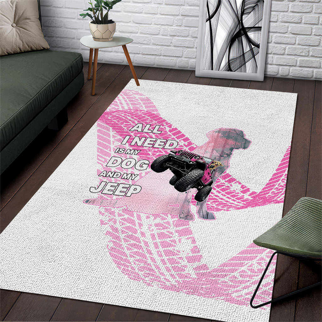 All I Need Is My Dog And My Jeep Area Rug Off-Road Illustration with Pink Tire Track Pattern TS04