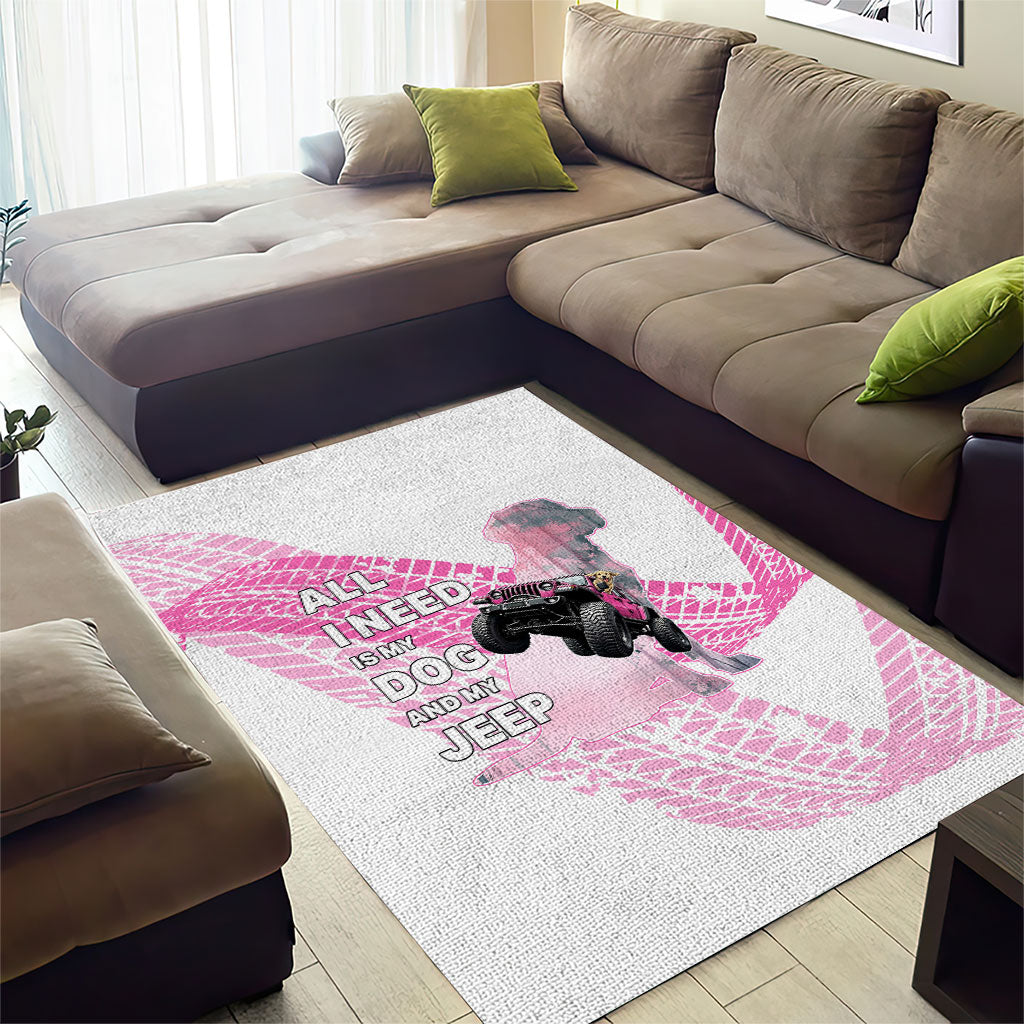 All I Need Is My Dog And My Jeep Area Rug Off-Road Illustration with Pink Tire Track Pattern TS04