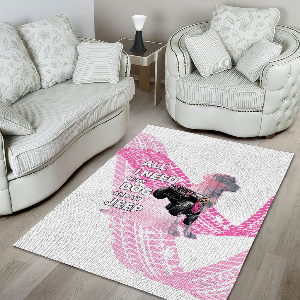 All I Need Is My Dog And My Jeep Area Rug Off-Road Illustration with Pink Tire Track Pattern TS04