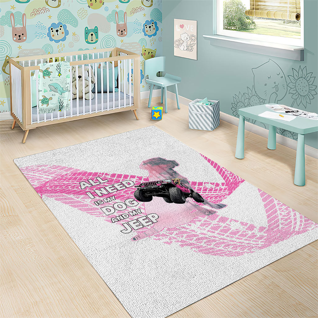 All I Need Is My Dog And My Jeep Area Rug Off-Road Illustration with Pink Tire Track Pattern TS04