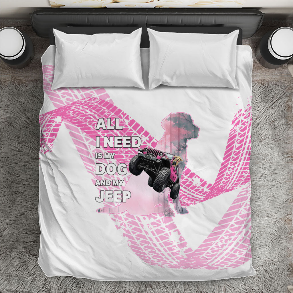 All I Need Is My Dog And My Jeep Bedding Set Off-Road Illustration with Pink Tire Track Pattern